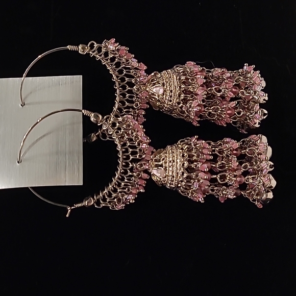 NWOT Bollywood style Hoop earrings with pink beads - Picture 4 of 8